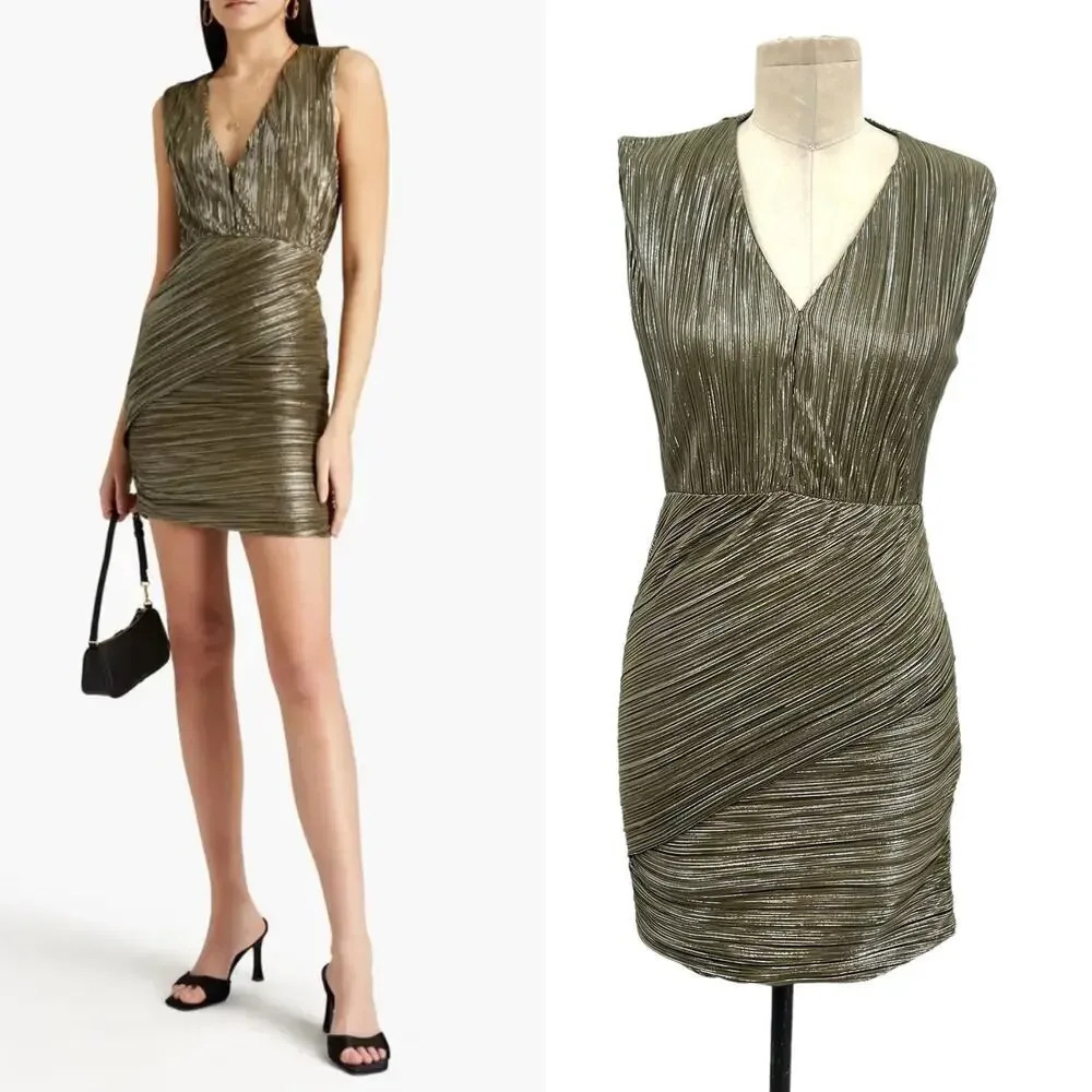 Maje Romea Micro Pleated Draped Metallic Plissécrepe Mini Dress Size 38 / US M